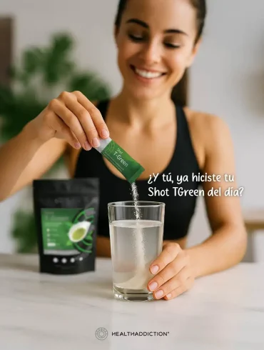 Alt Text (Imagen Principal): Mujer joven sonriente preparando su Shot T-Green de Health Addiction en un vaso de agua, representando un ritual de bienestar diario.