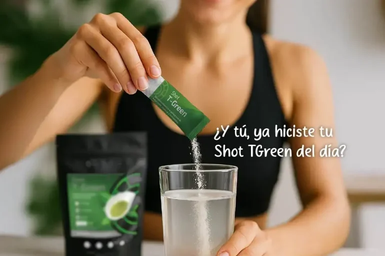 Alt Text (Imagen Principal): Mujer joven sonriente preparando su Shot T-Green de Health Addiction en un vaso de agua, representando un ritual de bienestar diario.