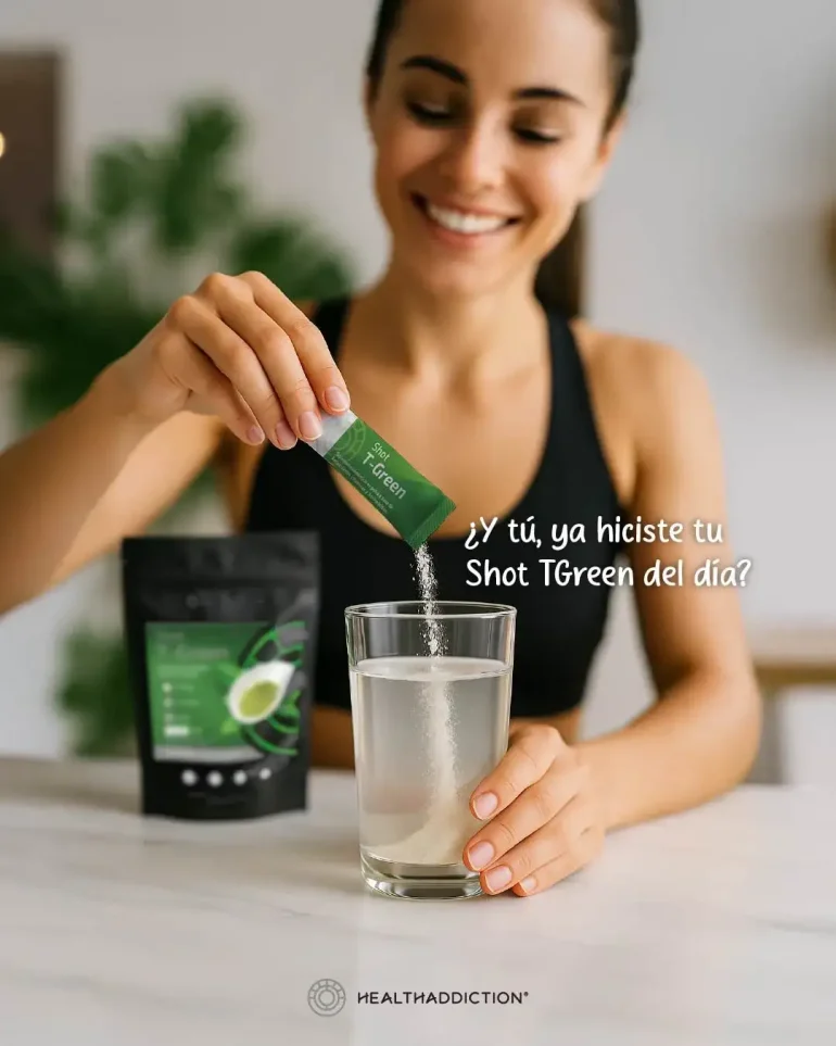 Alt Text (Imagen Principal): Mujer joven sonriente preparando su Shot T-Green de Health Addiction en un vaso de agua, representando un ritual de bienestar diario.