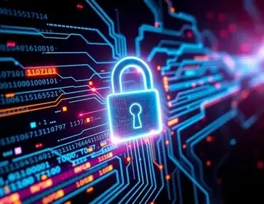 Ilustración digital de alta tecnología que muestra un candado de seguridad brillante sobre una placa de circuito integrado, representando las soluciones de ciberseguridad y blindaje de datos de LaNet para empresas.