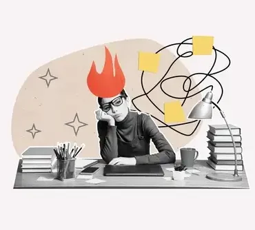 Mujer profesional en entorno editorial moderno con expresión de agotamiento y reflexión, representando el Superwoman Fatigue.